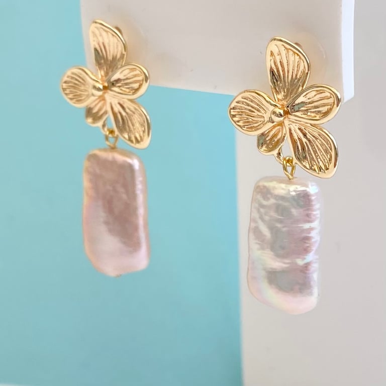 Pink Rectegular Freshwater Pearl Gold Plated Floral Earrings