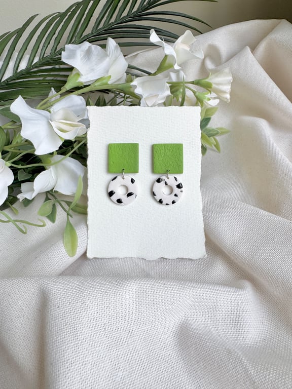 White and Abstract Black with Green Polymer Clay Earrings 