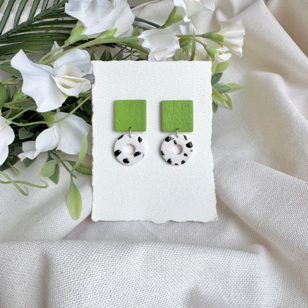 White and Abstract Black with Green Polymer Clay Earrings 