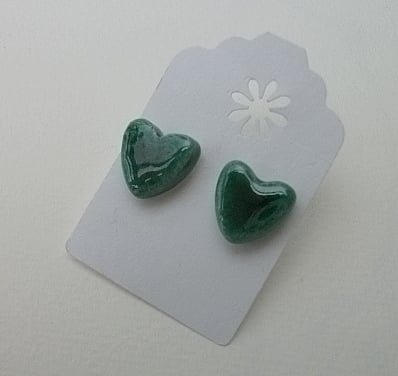 Ceramic emerald green heart stud earrings- sterling silver