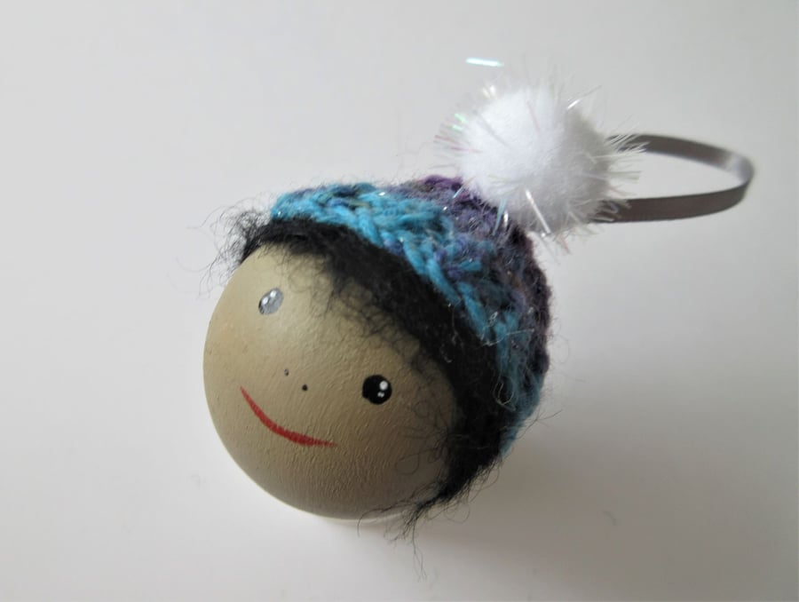 Bobble Hat Christmas Folk Bauble Hanging Tree Decoration in Woolly Hat