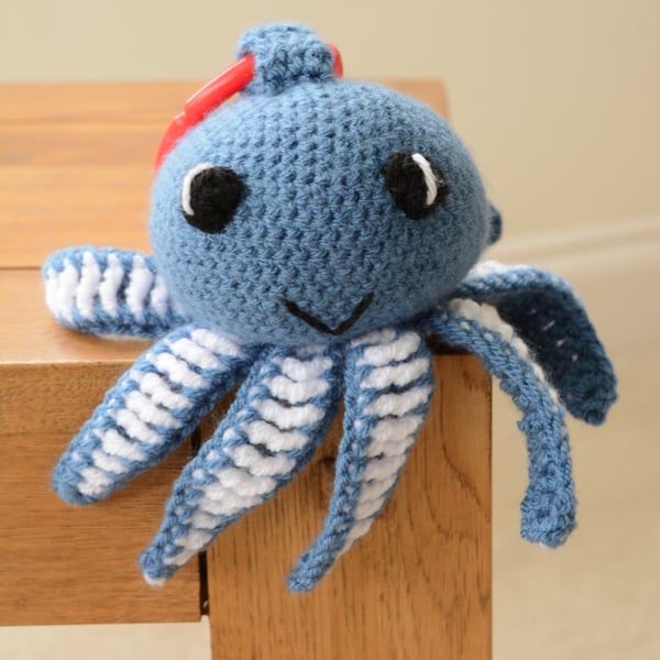 Octopus Soft Toy with teething ring and internal rattle - denim