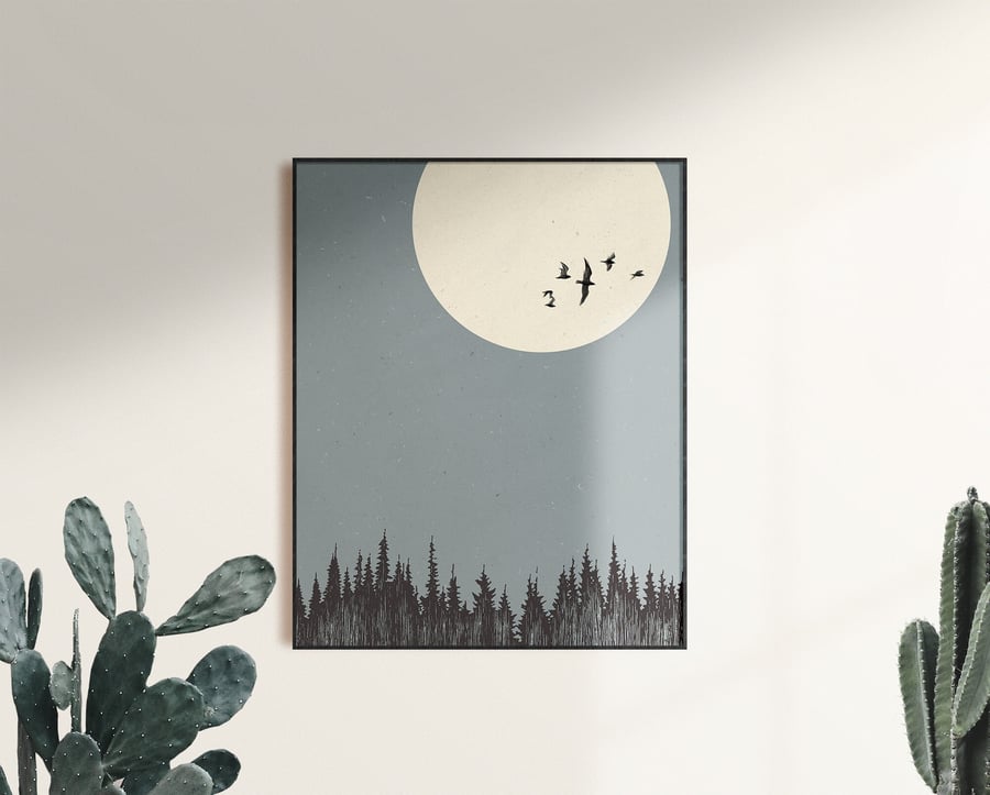 Moon with Birds and Forest