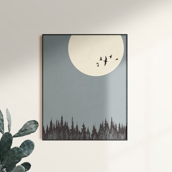 Moon with Birds and Forest