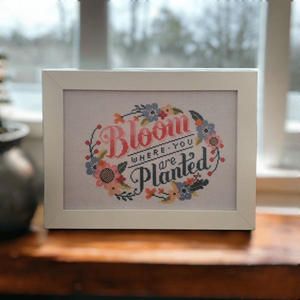 Hand stitched affirmation quote complete with white frame 
