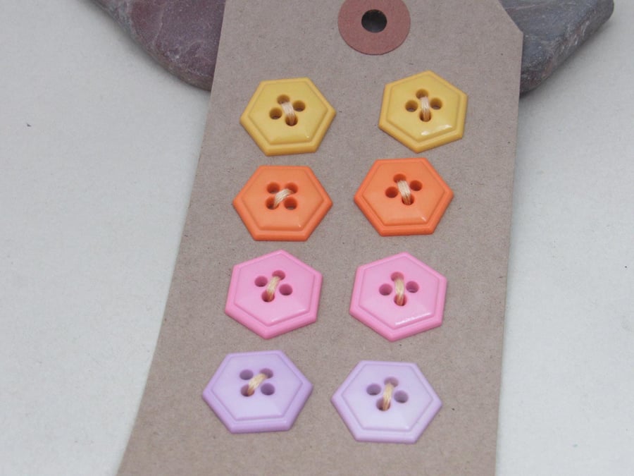 Chunky Hexagon Plastic Buttons, Mixed Colors, 18mm, Set of 8