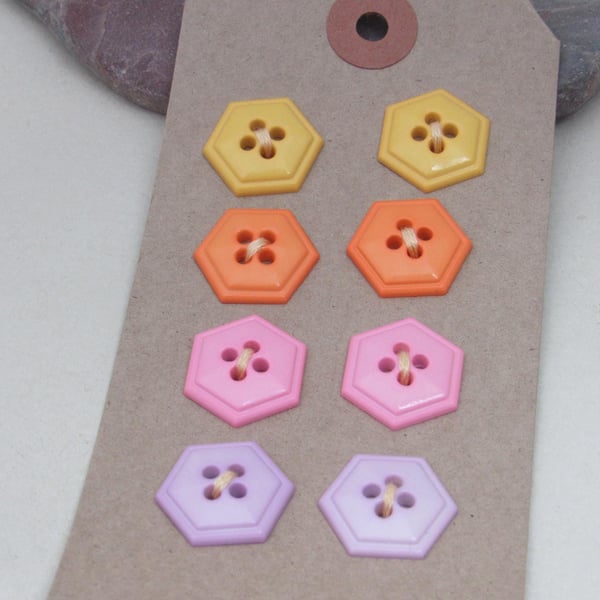 Chunky Hexagon Plastic Buttons, Mixed Colors, 18mm, Set of 8