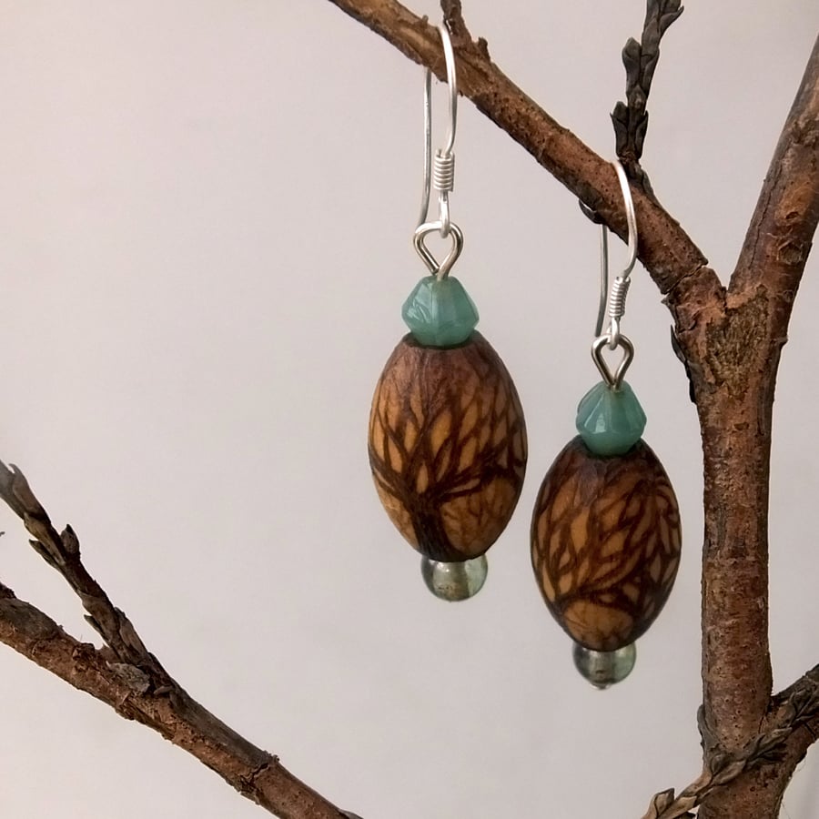Woodland Walk Pyrography Wooden Bead Earrings