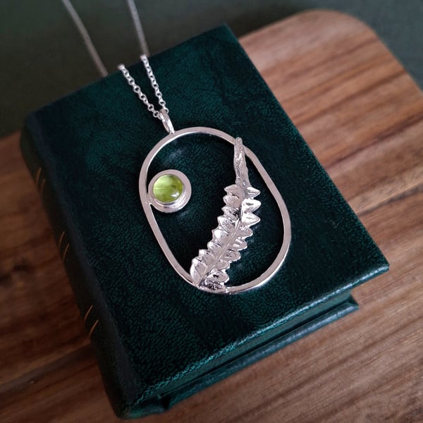 Real Fern Leaf - Handmade Silver and Peridot Pendant