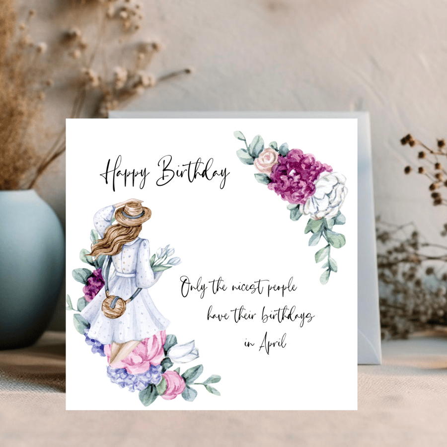 April Watercolour print greetings card for an April  Birthday