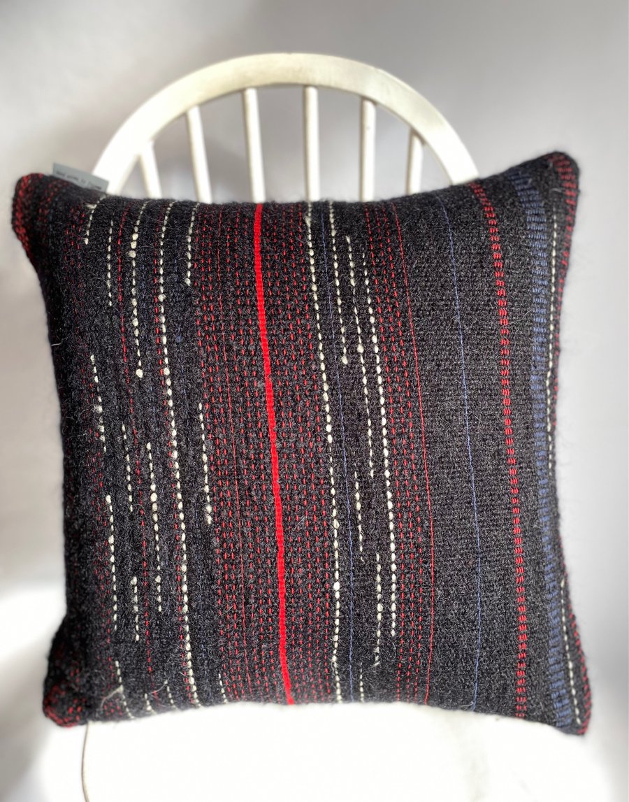 Hand woven cushion, crafted using wool, mohair & cotton yarns by Yvonne Skelton