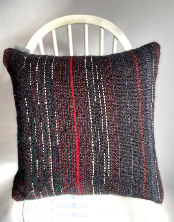 Hand woven cushion, crafted using wool, mohair & cotton yarns by Yvonne Skelton