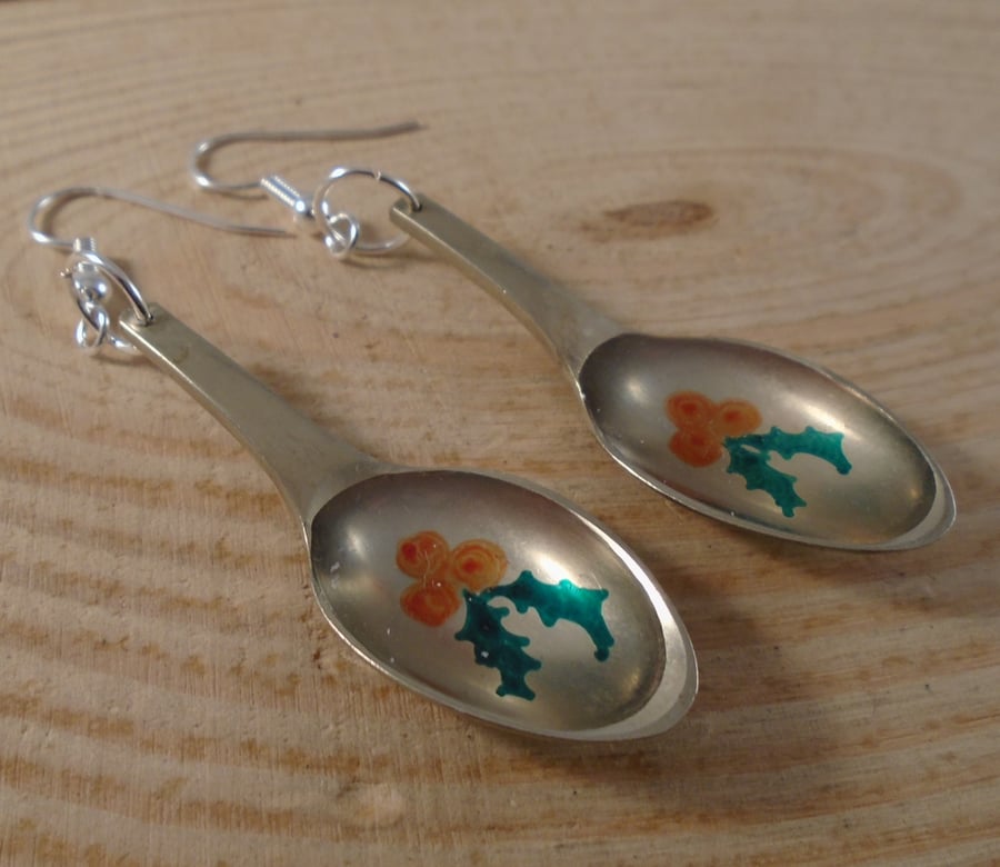 Upcycled Silver Plated Sugar Tong Spoon Holly Earrings SPE101801