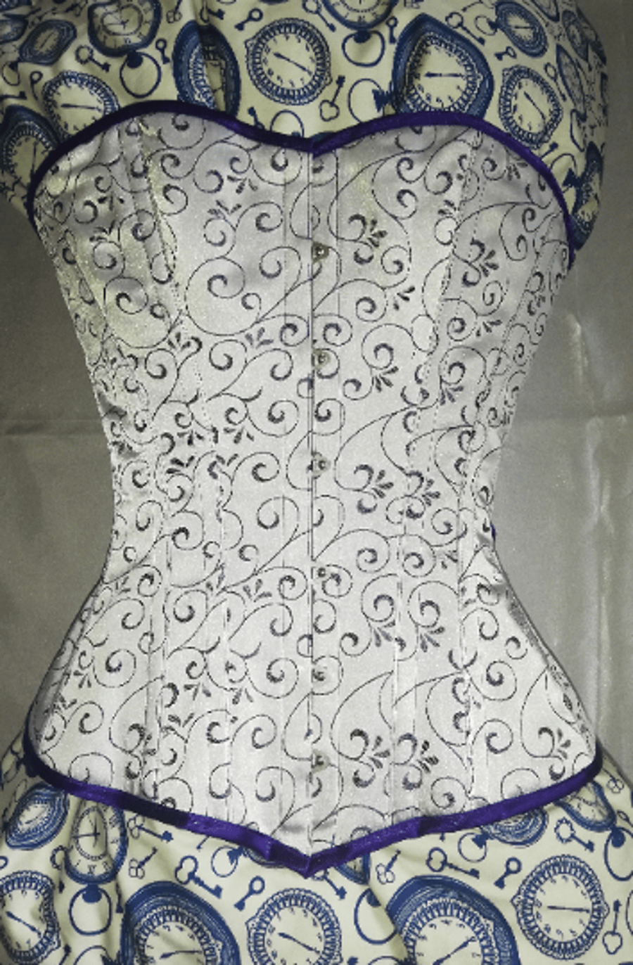 Hand made 23" silver and purple satin overbust steel boned corset hand made