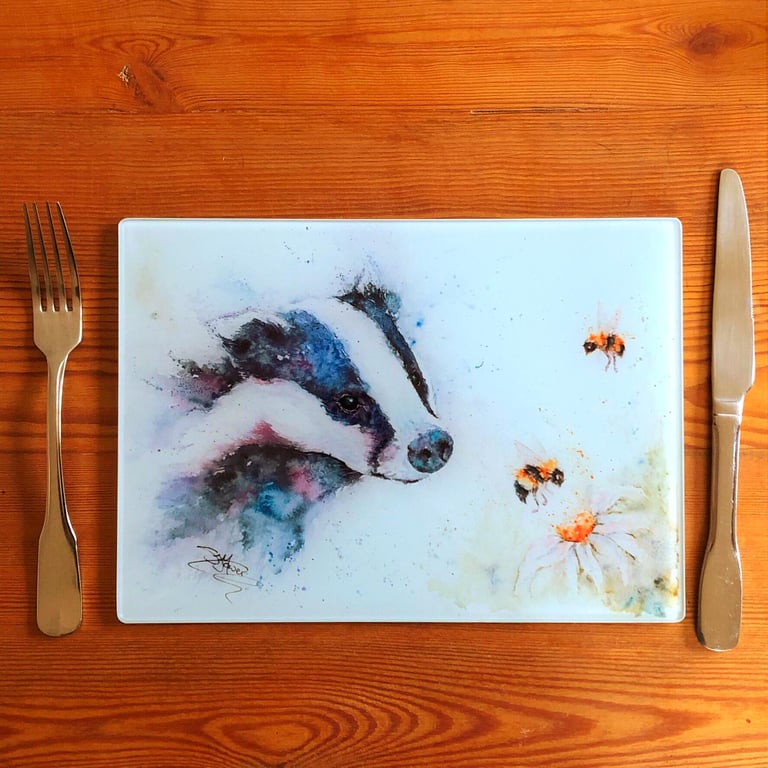 Badger & Bees Glass Placemat, Wildlife Design Table Mat, Glass Trivet, Hot Plate