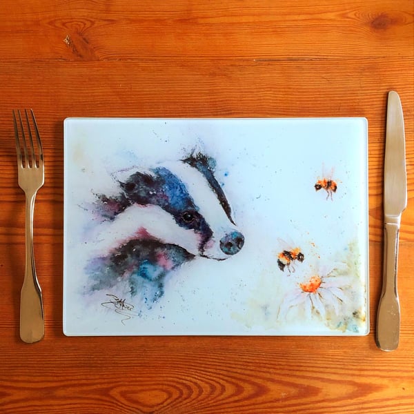 Badger & Bees Glass Placemat, Wildlife Design Table Mat, Glass Trivet, Hot Plate