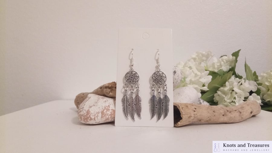 Silver Dreamcatcher Flower and Feather Earring