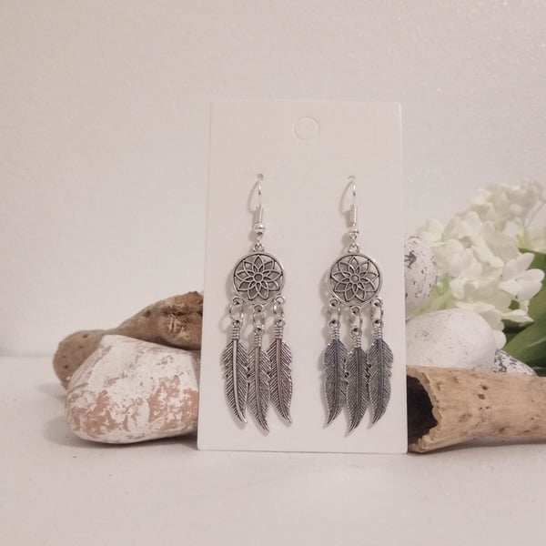 Silver Dreamcatcher Flower and Feather Earring