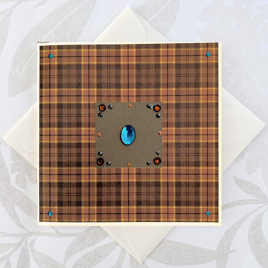 Handmade birthday card - tartan and topaz with aquamarine OOAK