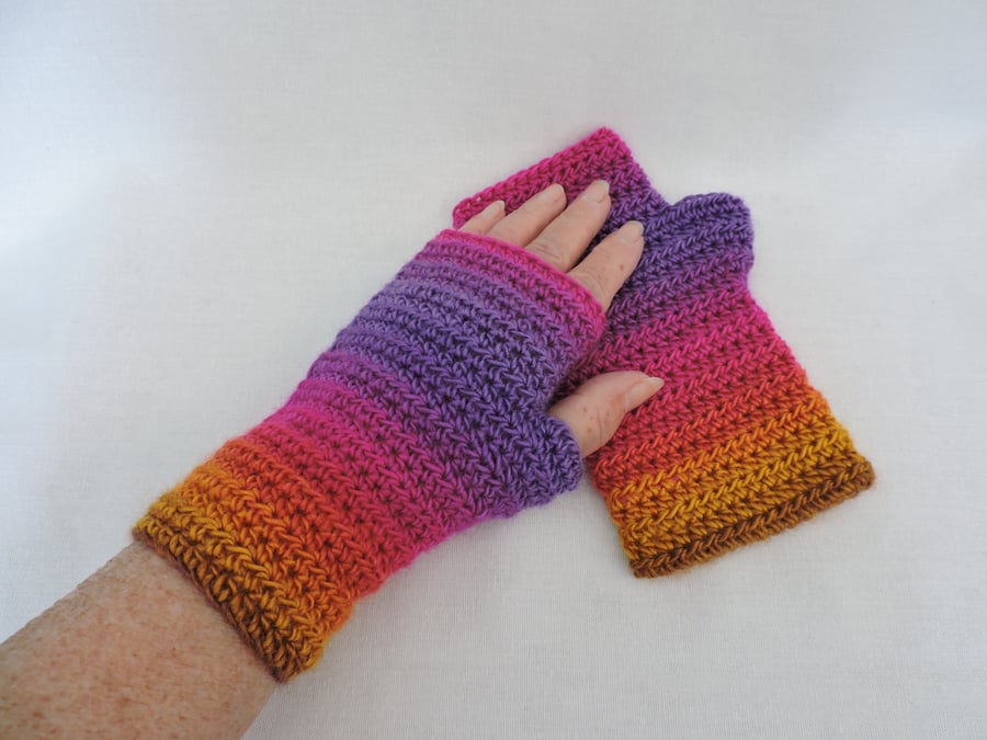 Fingerless Crochet Mitts Purple Pink Orange Golden Yellow Ochre