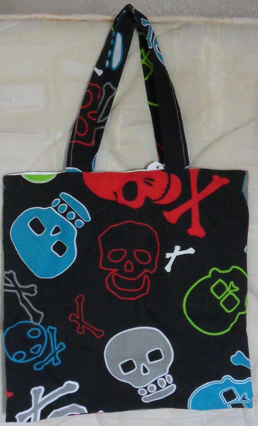 Homemade tote bag.  Skull and crossbones design. 16" x 16"
