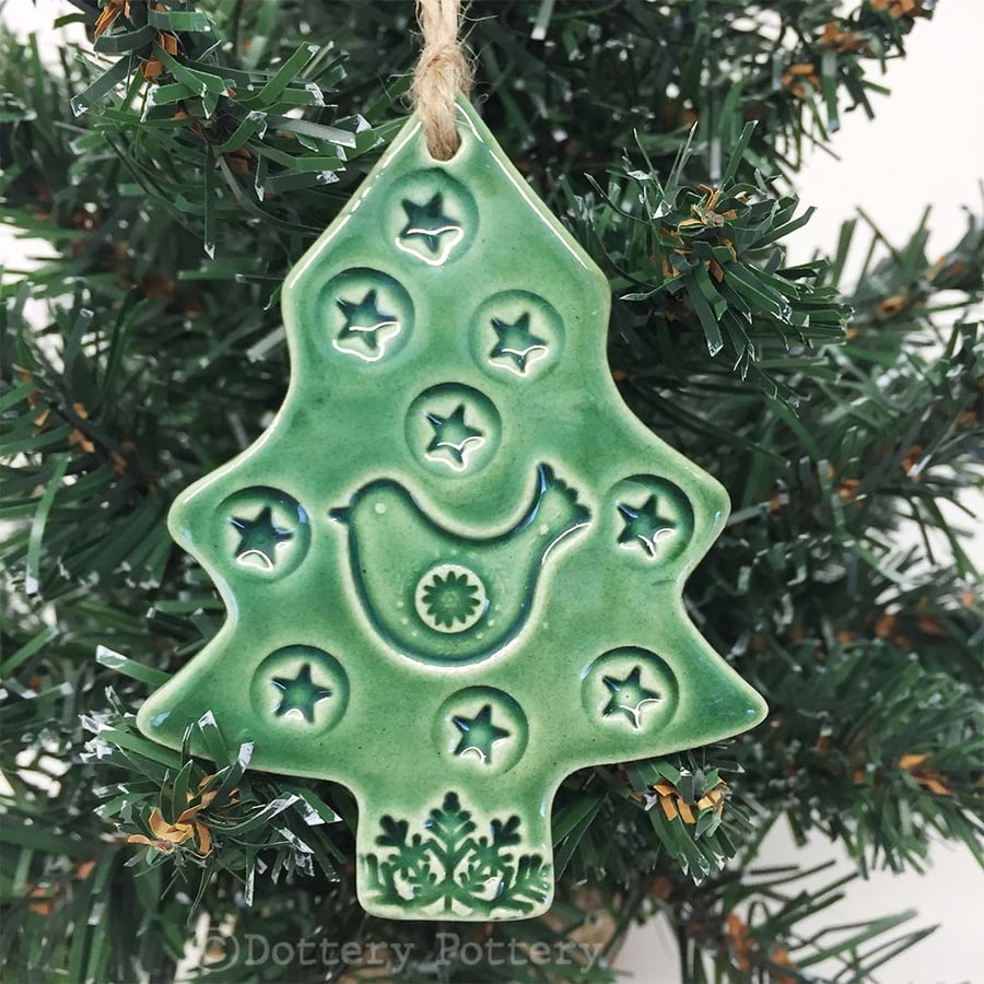 Green Ceramic Christmas tree decoration with bird and star Pottery decoration