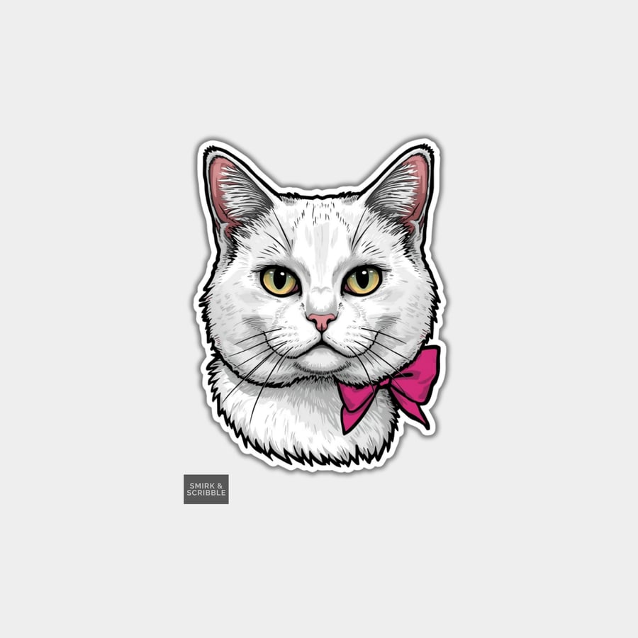Funny Vinyl Sticker For Adults - White Cat With Bow 