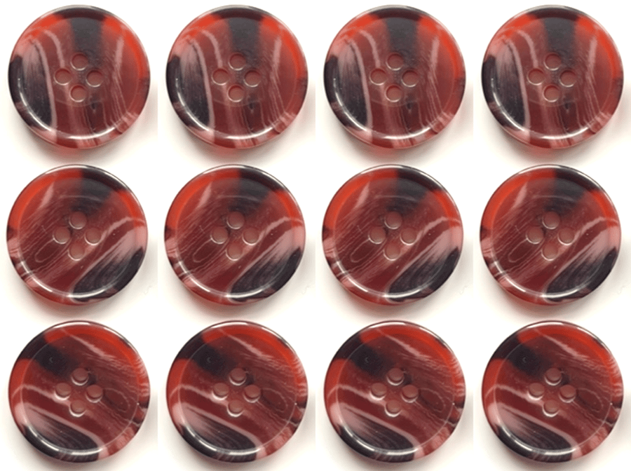 12 Marble Effect Buttons, Burgundy, 20mm, Variegated, Woodgrain, Natural Finish