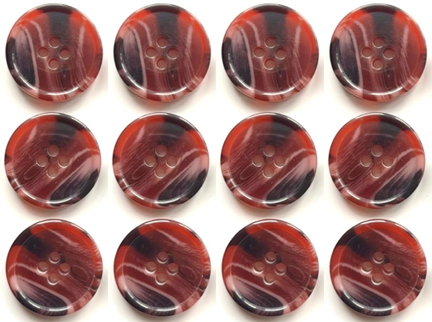 12 Marble Effect Buttons, Burgundy, 20mm, Variegated, Woodgrain, Natural Finish