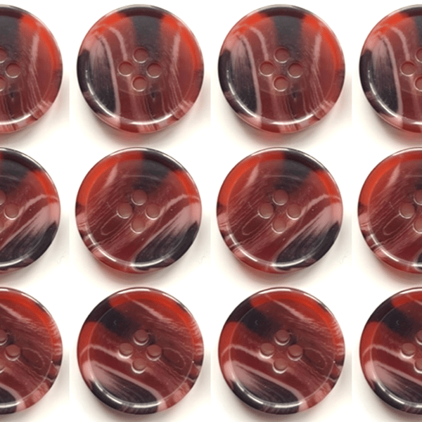 12 Marble Effect Buttons, Burgundy, 15mm, Variegated, Woodgrain, Natural Finish