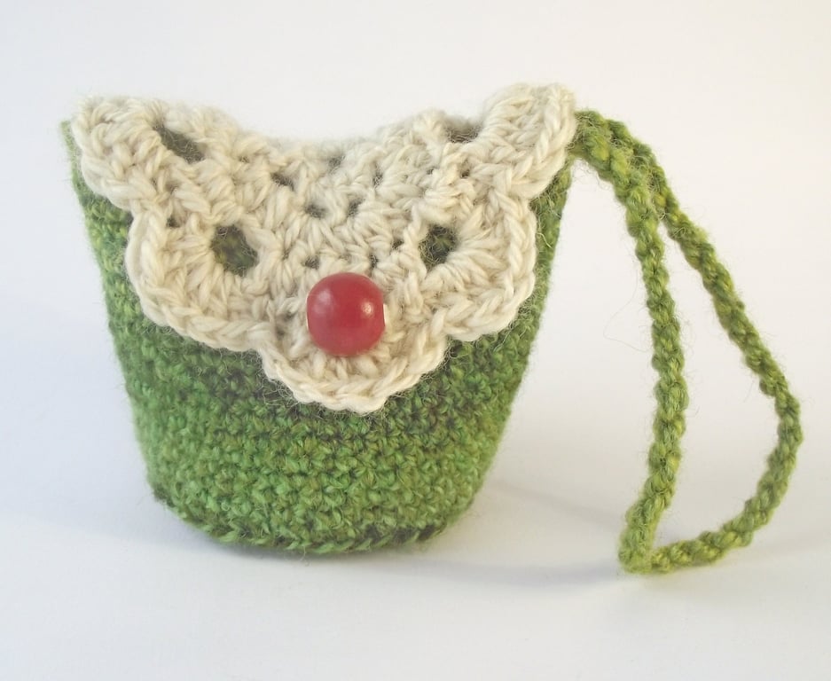 Wrist Purse, Bag or Pouch, Crocheted Green, Cream, Wool