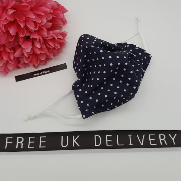 Face mask, small, nose wire,3 layer,  adjustable, washable in navy polkadot  