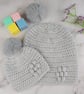 Grey Crochet Mum and Baby Matching Hats, Faux Fur Pom Beanie Set - Image 6