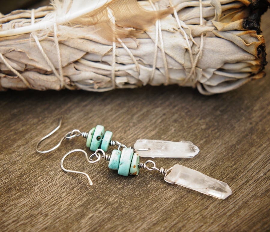 Quartz, Turquoise and Sterling Silver Earrings