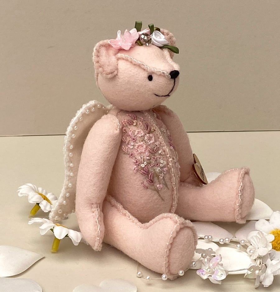 Angel bear, embroidered collectable artist teddy bear, hand sewn collectors bear