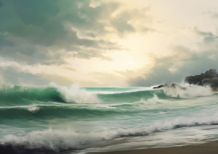 Majestic Seascape Oil Print - Coastal Waves Art 5x7