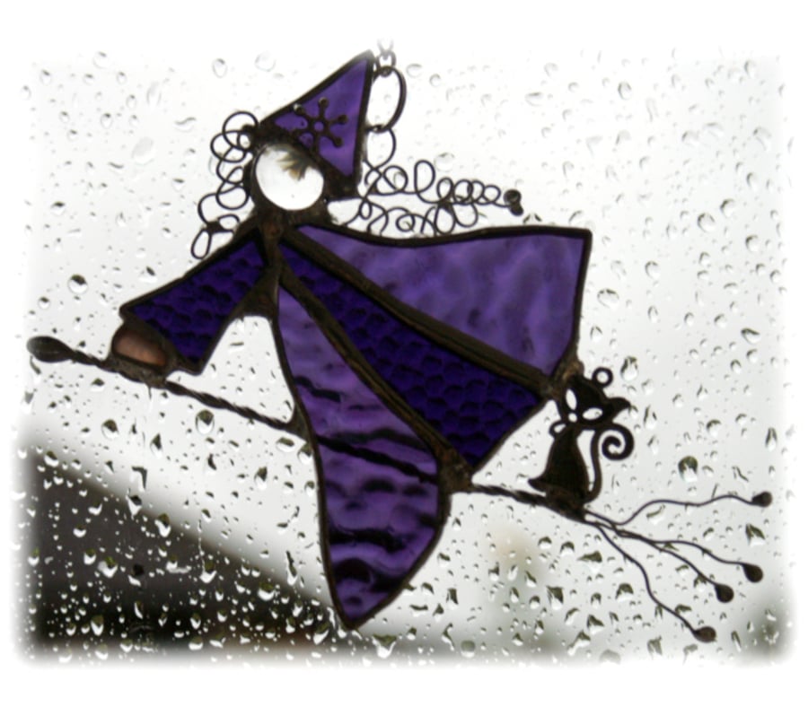 RESERVED for GINA Witch on Broomstick Suncatcher Stained Glass Cat Handmade