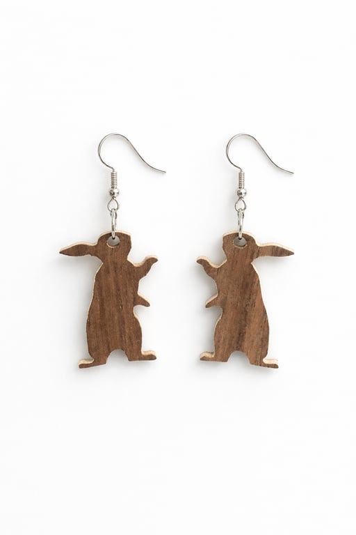 Scroll Saw Wooden Bunny Earrings, Lightweight Floral Dangle Earrings, Handmade 
