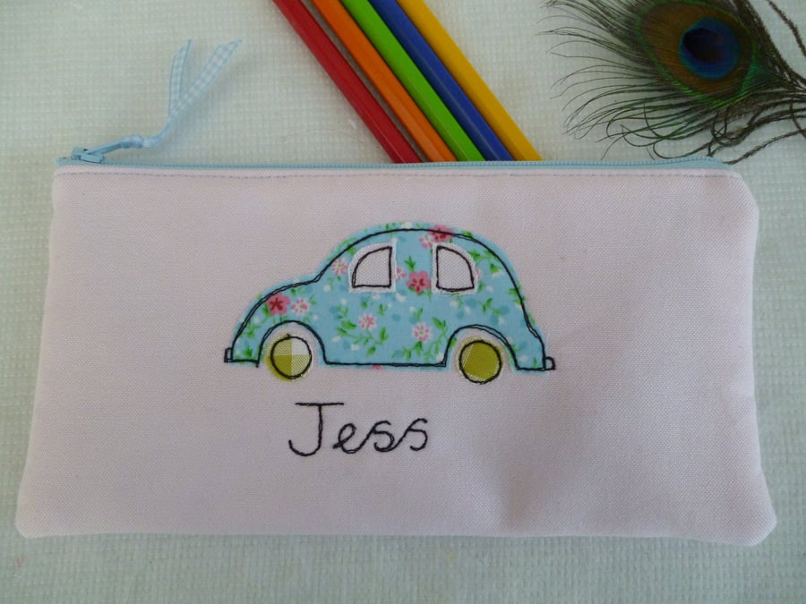 Personalised Car Pencil Case - Floral Car Embroidered on Pink Cotton - Handmade 