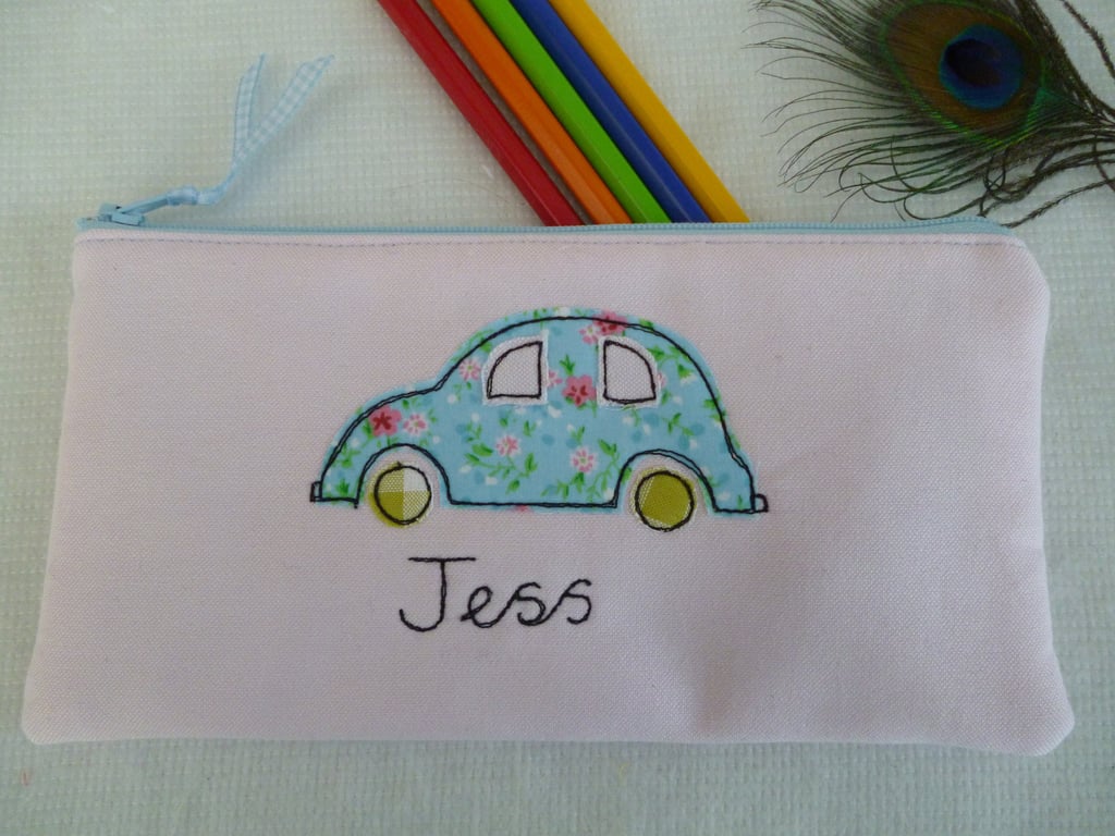Personalised Car Pencil Case - Floral Car Embroidered on Pink Cotton - Handmade 