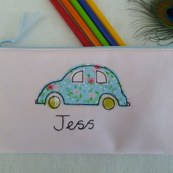 Personalised Car Pencil Case - Floral Car Embroidered on Pink Cotton - Handmade 