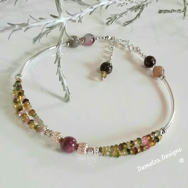 Designer Dainty Watermelon Tourmaline Sterling Silver Bracelet ONE OFF