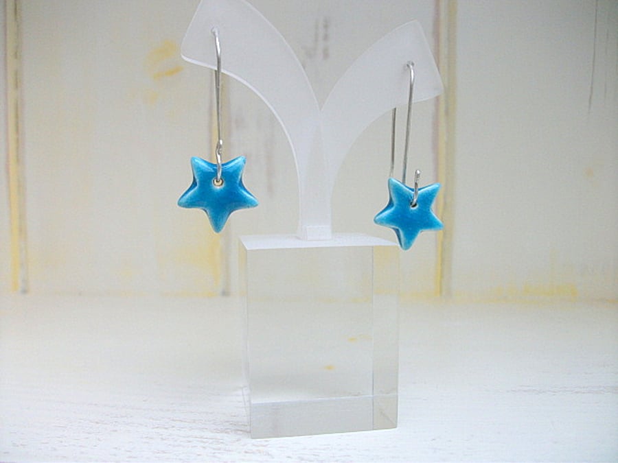 Sterling silver long dangle earwiire with ceramic stars