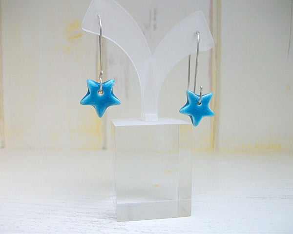 Sterling silver long dangle earwiire with ceramic stars