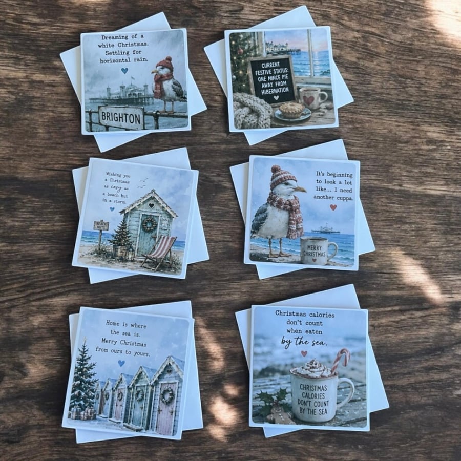 Funny Seaside Christmas Card Set of Six Square Seasonal Greetings Cards