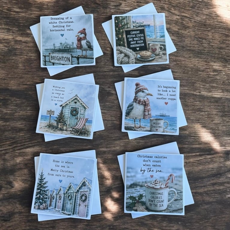 Funny Seaside Christmas Card Set of Six Square Seasonal Greetings Cards