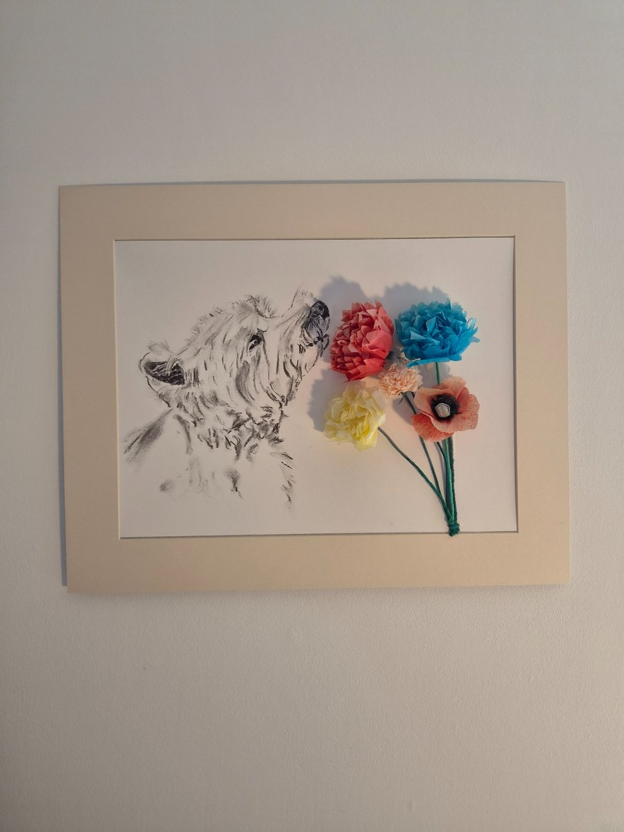 Original Charcoal & Mixed Media Animal Portrait - Westie Sniffing Flowers