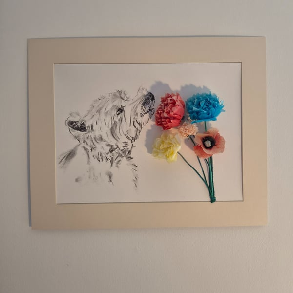 Original Charcoal & Mixed Media Animal Portrait - Westie Sniffing Flowers