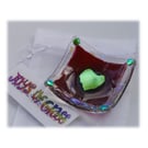 Earring Dish Fused Glass 6cm  003 Cranberry Dichroic Heart 
