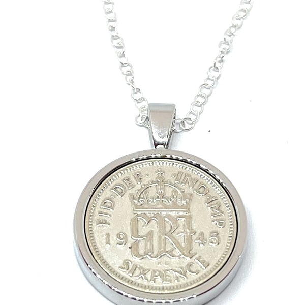 1945 80th Birthday Anniversary Sixpence coin in a Silver Plated Pendant mount 